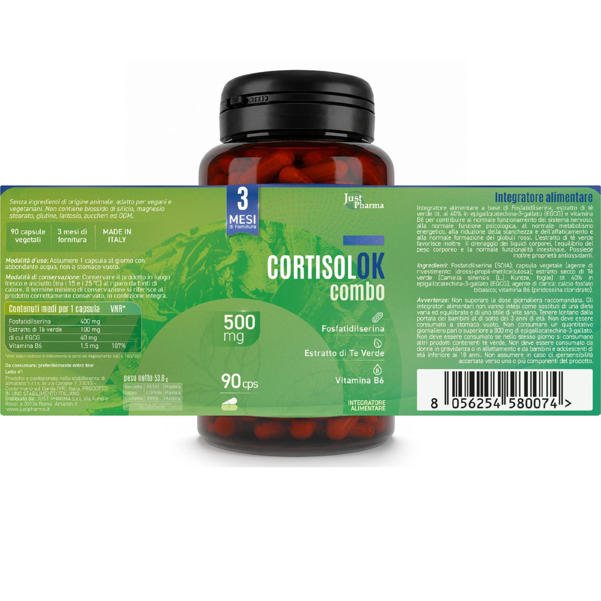 Cortisolok Combo Just Pharma con confezione ed etichetta completa, inclusi ingredienti, modalità d’uso e avvertenze