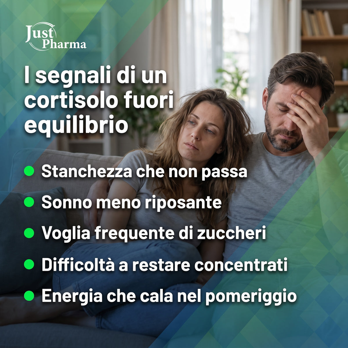 Grafica sui segnali associati a un cortisolo fuori equilibrio: stanchezza, sonno meno riposante, voglia di zuccheri, difficoltà di concentrazione ed energia pomeridiana ridotta