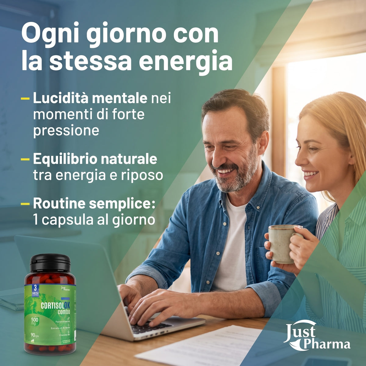 Grafica Cortisolok Combo con indicazioni su lucidità mentale, equilibrio tra energia e riposo e assunzione di una capsula al giorno

