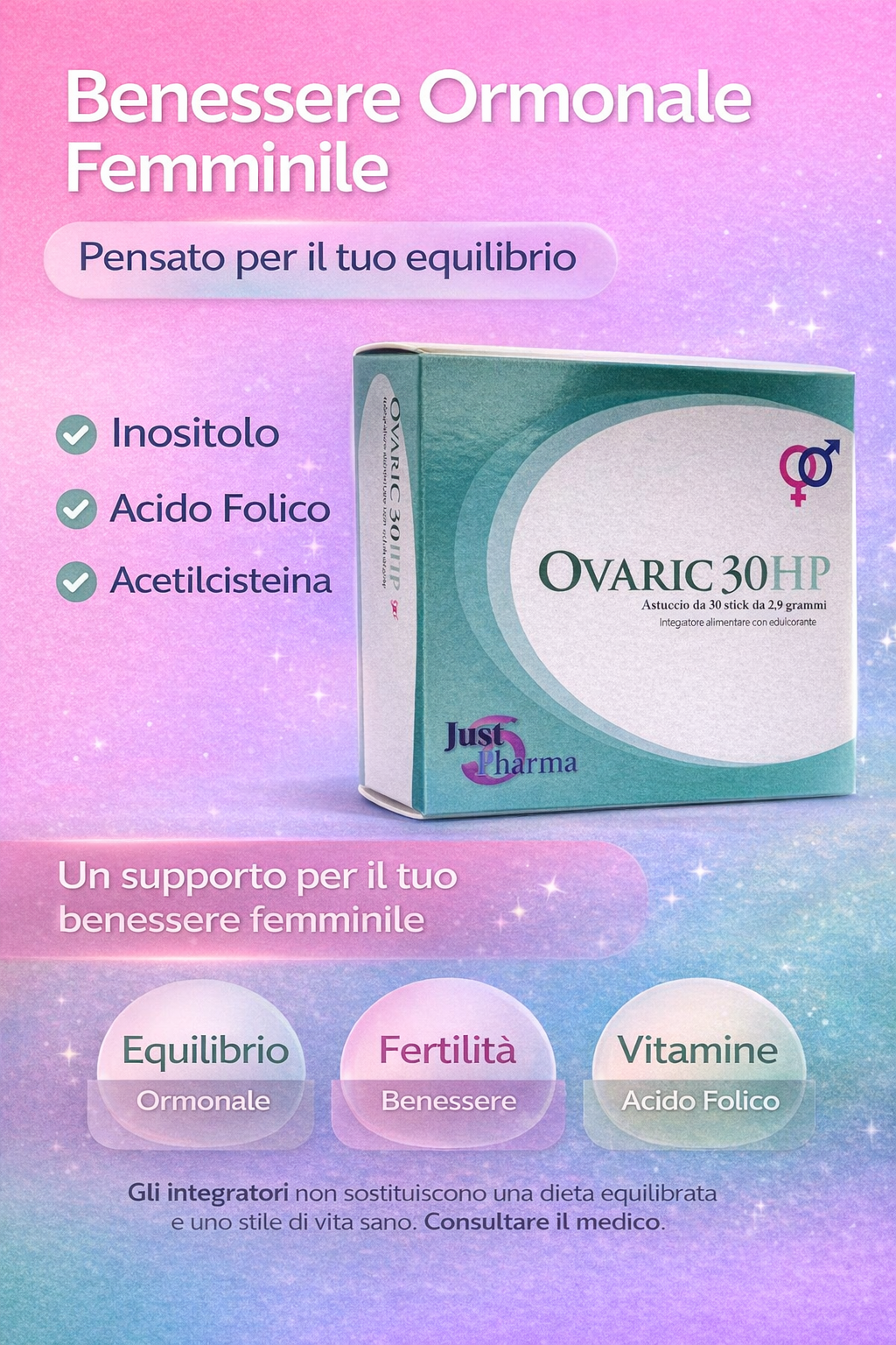 Integratore Myo-Inositolo 2000mg NAC 600 mg Acido folico 400 mcg PCOS 30 stick Vegan Just Pharma